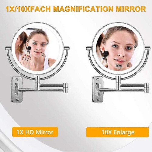 Wall Mounted Makeup Mirror, 10x Magnifying Double Sided Led Lighted Mirror, 360 Swivel Extendable Cosmetic Vanity Mirror, Powered By Battery 2