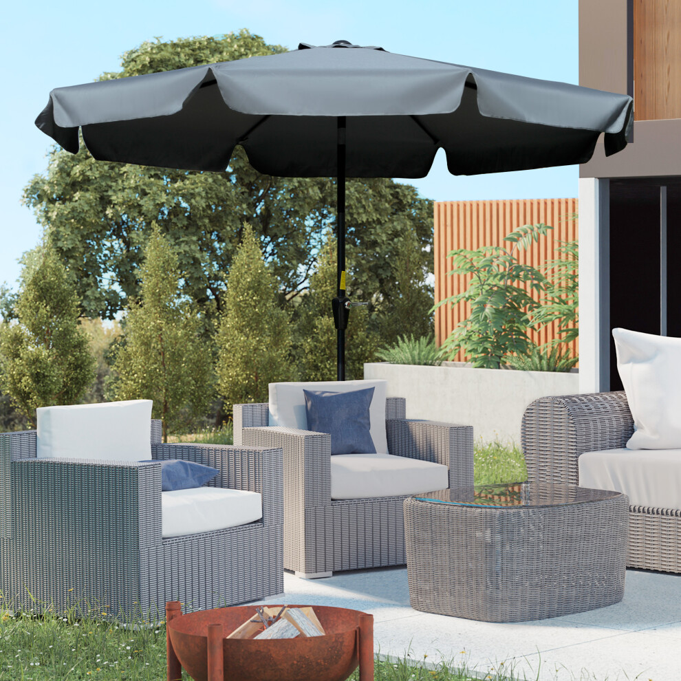 Outsunny 2.7M Patio Umbrella Garden Parasol With Crank, Ruffles, 8 Ribs, Grey