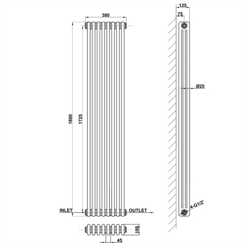 AICA (1800x380mm 3 Column) Traditional Cast Iron Radiator White 2