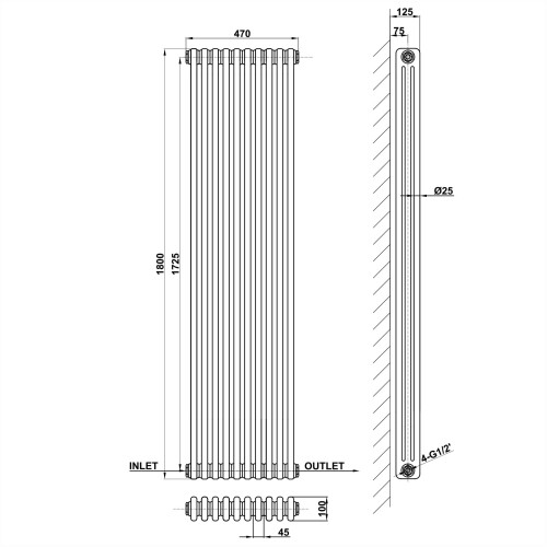 AICA (1800x470mm 3 Column) Traditional Cast Iron Radiator White 2