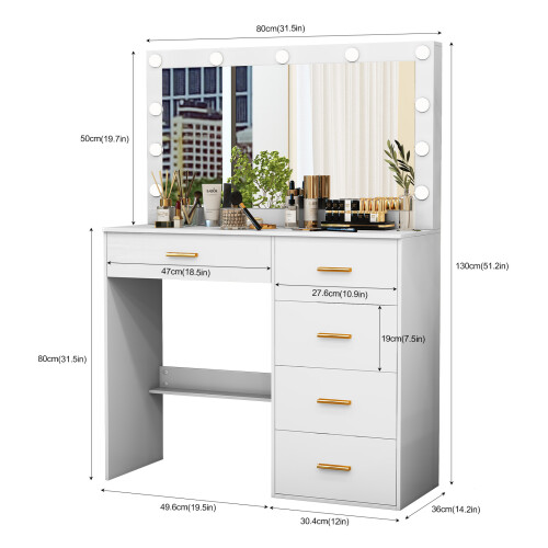 White Dressing Table with 5 Drawers and 11 LED Lighted Makeup Mirror 1