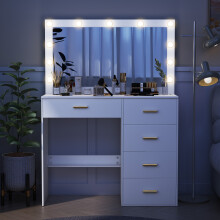 White Dressing Table with 5 Drawers and 11 LED Lighted Makeup Mirror