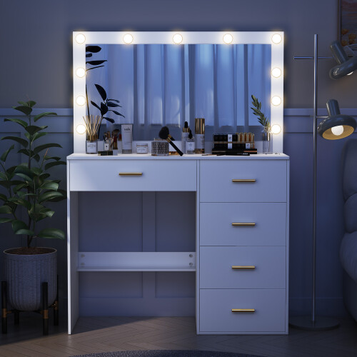 White Dressing Table with 5 Drawers and 11 LED Lighted Makeup Mirror