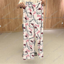 (LK2342-TTT, XXL) Pajamas Black Anime Flannel Woolen White Cartoon Casual Home Pants Autumn Fashion Trousers Plush Gift
