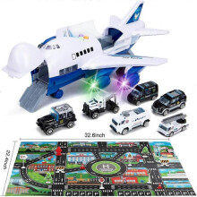 Car Toys Set with Transport Cargo Airplane and Large Play Mat, Mini Educational Vehicle Police Car Set for Kids Toddlers Boys Child Gift for 3 4 5 6 Y