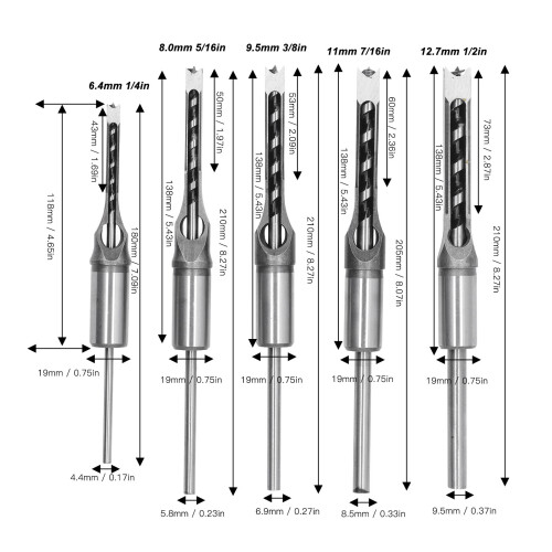 5 Stück HSS Vierkantbohrer-Set 1/4–1/2 Zoll 1