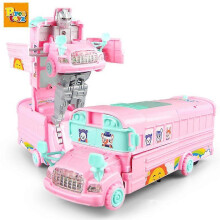 New Pink Deformation School Bus Simulation Electric Transformation Superb Bus Model with Light Educational Toys