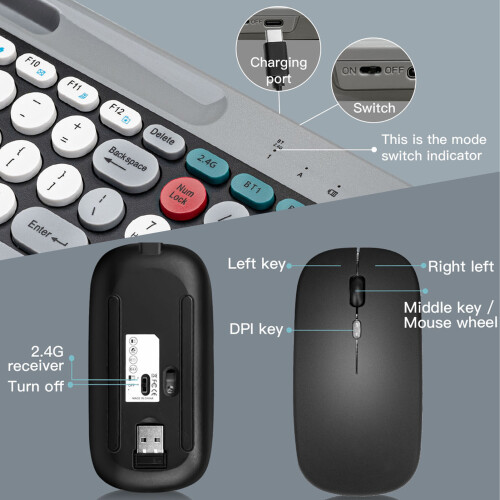 Wireless Bluetooth Keyboard Mouse Set with Round Keycaps for Gaming 2
