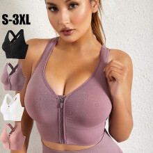 (S, Pink) Sports Bra Gather Yoga Vest Zipper No Steel Ring Fitness Running Quick-drying Sports Bra