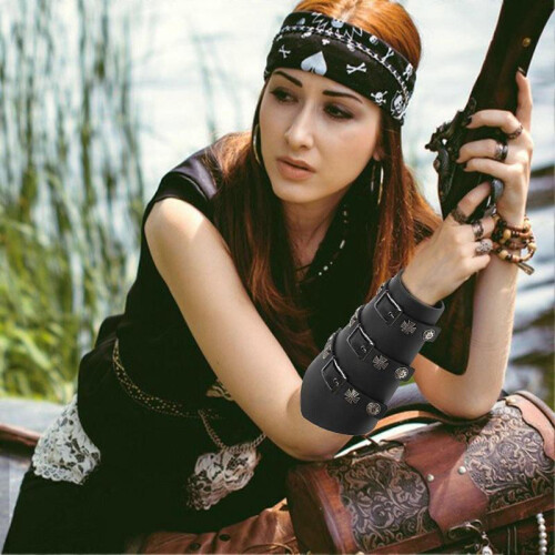 (Black)Medieval Arm Guards Halloween Viking Cosplay Accessories Buckle Bracers 2