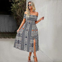 (L, Navy) Elegant Floral Print Hem Split Dresses Women Summer Dress Boho Holiday Slash Neck Short Sleeve Swing Midi Dress