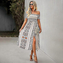 (XL, APRICOT) Elegant Floral Print Hem Split Dresses Women Summer Dress Boho Holiday Slash Neck Short Sleeve Swing Midi Dress