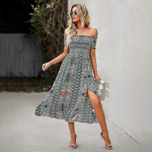 (XL, Green) Elegant Floral Print Hem Split Dresses Women Summer Dress Boho Holiday Slash Neck Short Sleeve Swing Midi Dress