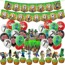Cartoon Minecraft Kids Boy Girl Birthday Party Balloons Banner Cake Cupcake Topper Set Decoration