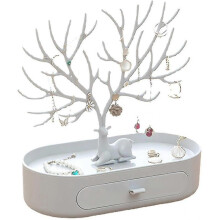 (White) Jewellery Stand Holder, Earring Ring Display Jewelry Organizer Deer Antler Tree Design With Drawer