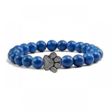 (dark blue beads) Natural Matte Black Lava Volcanic Stone Paw Print Charm Bracelet Pet Memorial Cat Dog Lovers Jewelry Bracelets Gifts