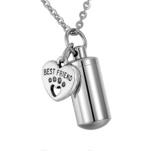 Pet Paw Heart Charm Cylinder Memorial Urn Necklace Cremation Jewelry