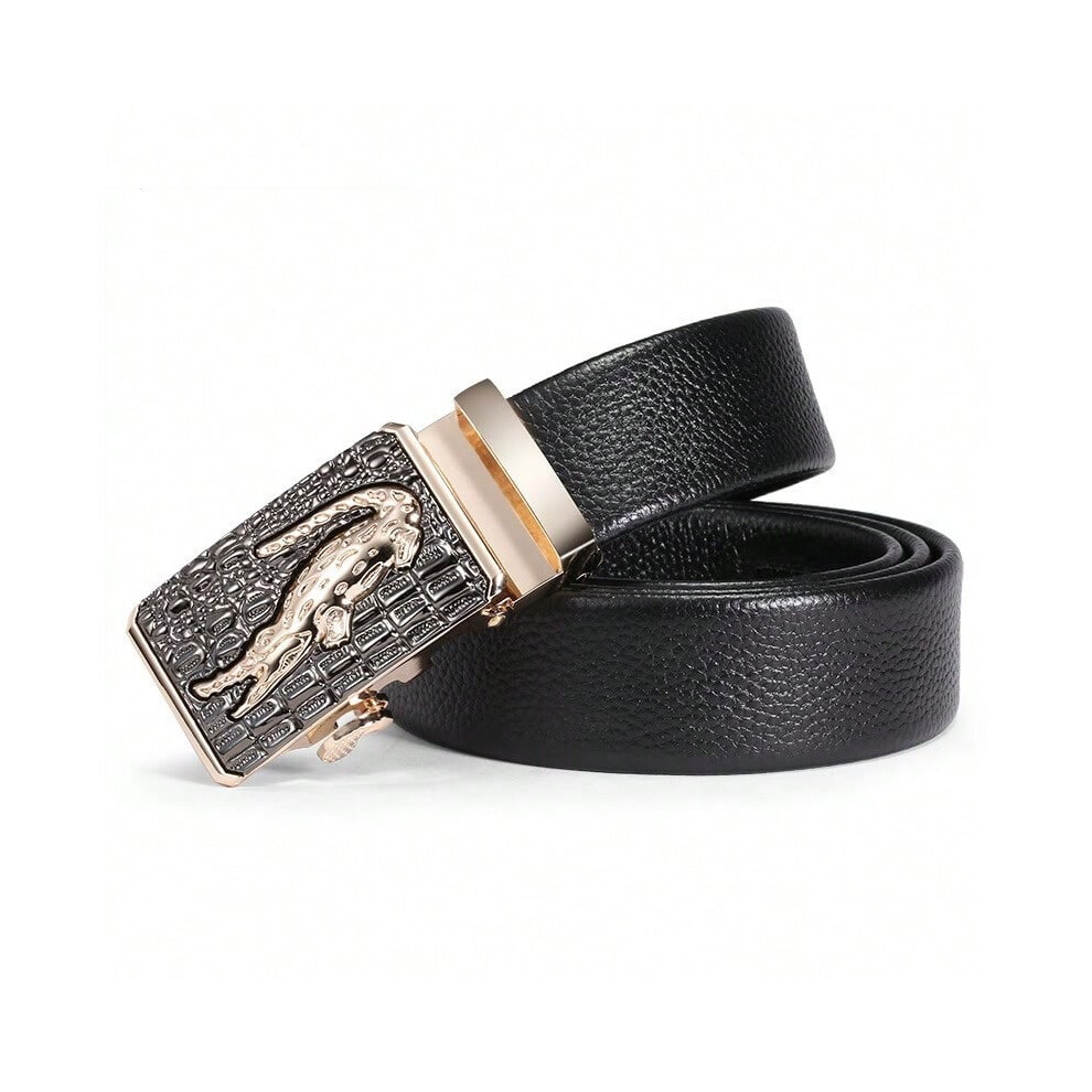 (Double-layer cowhide gold buckle, 125cm) Men's leather belt, alligator automatic buckle, fashionable business belt-image-OPC-PJGP6SH-NEW