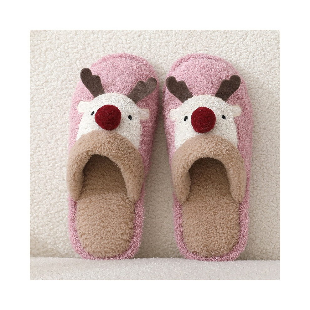(Pink, 42-43) Winter Cute Christmas Reindeer Cotton Slippers for Men & Women: Stylish, Non-Slip Fuzzy Couple Slippers for Home Use