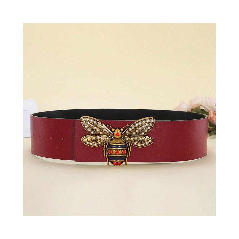 (Bee buckle red, Belt length 110CM) New arrival multi-color extra wide belt 7CM women's slim waist big brand clothing belt letter V buckle color belt-image-OPC-PJGPNXW-NEW