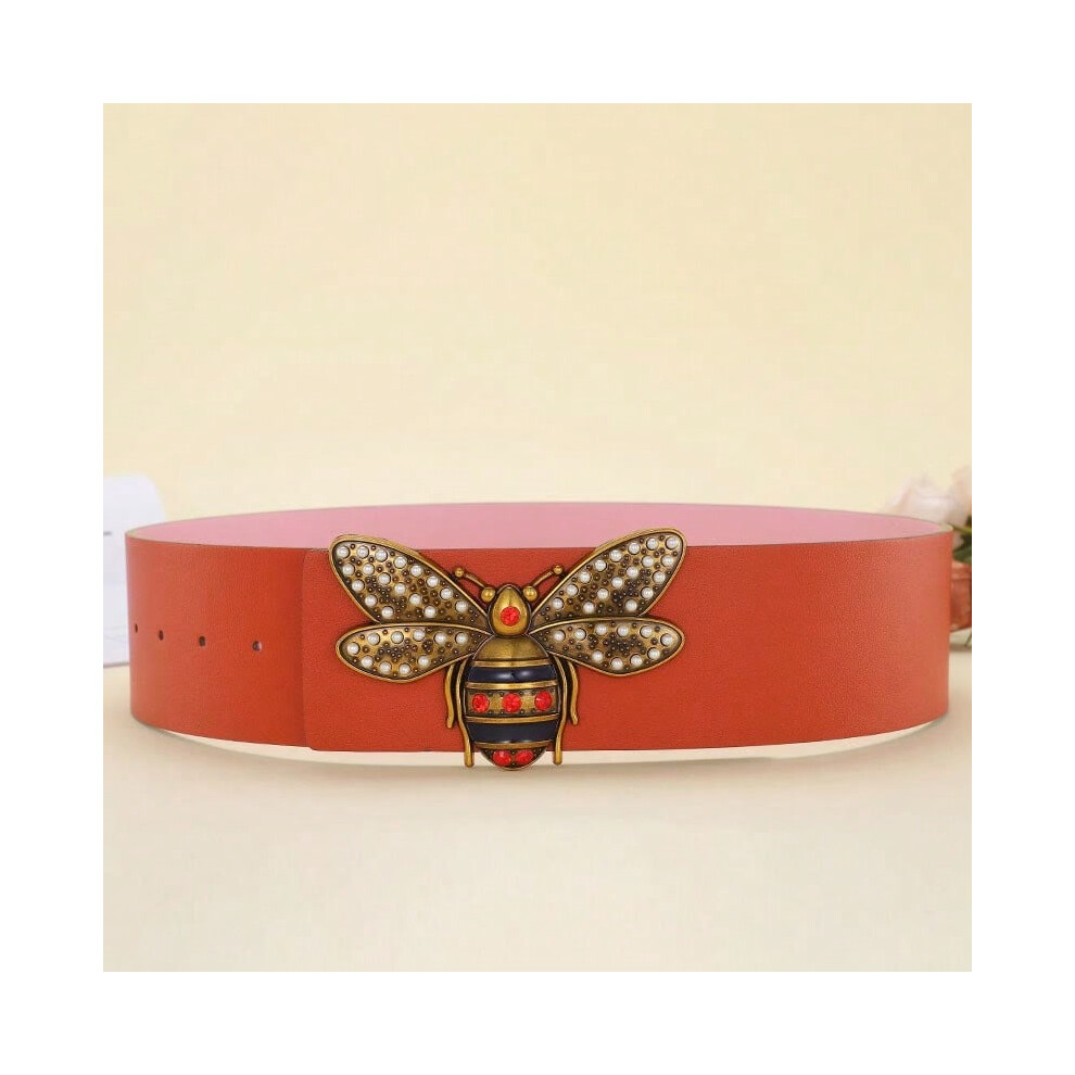 (Bee Button Orange, Belt length 100CM) New arrival multi-color extra wide belt 7CM women's slim waist big brand clothing belt letter V buckle color be-image-OPC-PJGPNY8-NEW