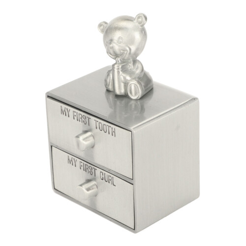 Baby Tooth Keepsake Storage Box Drawer Type Bear Decor Zinc Alloy Silver