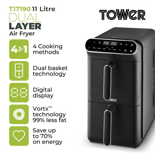 Tower Tower Vortx XL Dual Layer Air Fryer with Digital Control Panel, Space Saving Design, Black T17190 1