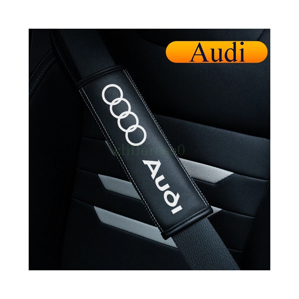 (2Pcs) Uk - 2Pcs Car Seat Belt Real-Leather Shoulder Pads Cushion For Audi Logo Black 4069369120725