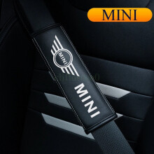 (2PCS) Set of 2 Black Car Seat Belt Real-Leather Shoulder Pads Cushion For MINI Logo - UK