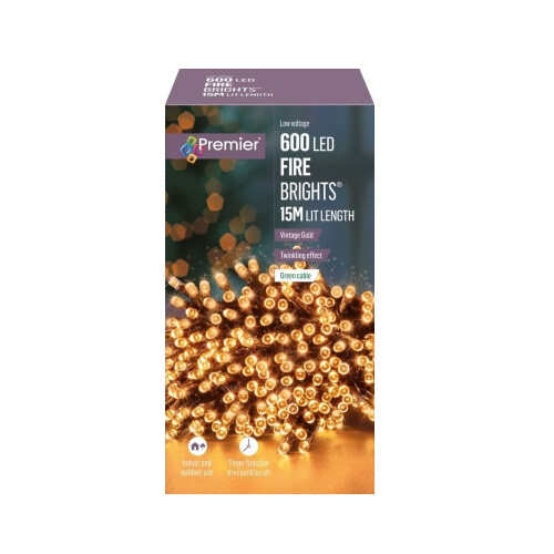 Premier 600 LED Twinkling Christmas String Lights Timer Vintage Gold 15M