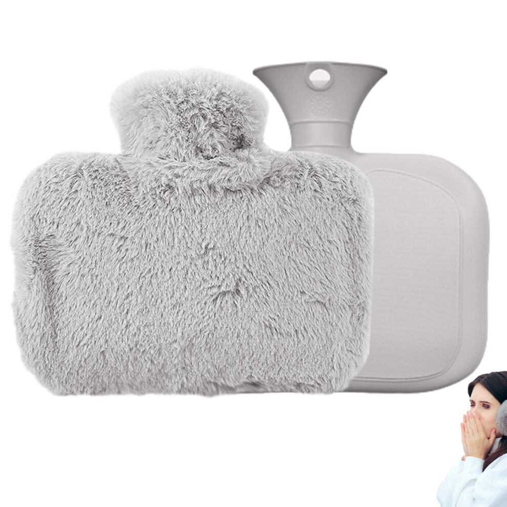 Hot Water Bottle 1.5L Large With Soft Fleece Cover And Slip Pocket Gray For Cramps And Back Shoulder Neck Relief
