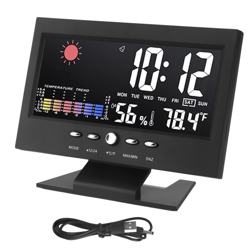 Wettervorhersage-Uhr ABS LED-Farbdisplay Multifunktions-Thermometer-Hygrometer-Wecker Schwarz 2