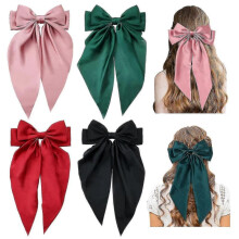 4 Pack Satin Silk Large Big Oversized Giant Long Bow French Barrettes Alligator Hair Clips Ponytail Holder Hair