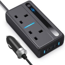 [Clearance] - Nastopee 200W Car Power Inverter 12V DC to 220V AC, 2 UK 3Pin Sockets, 4 USB Ports, QC3.0 Type-C, Cigar Lighter Adapter for Car & Travel