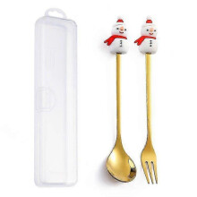 (2PCS-Gold-E6) 6/4/2pcs Christmas Gift Glod Spoon Fork Set Elk Christmas Tree Decoration Dessert Scoop Fruit Fork Coffee Spoon Cutlery Set