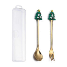 (2PCS-Gold-E2) 6/4/2pcs Christmas Gift Glod Spoon Fork Set Elk Christmas Tree Decoration Dessert Scoop Fruit Fork Coffee Spoon Cutlery Set