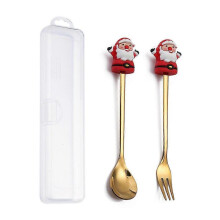 (2PCS-Gold-E1) 6/4/2pcs Christmas Gift Glod Spoon Fork Set Elk Christmas Tree Decoration Dessert Scoop Fruit Fork Coffee Spoon Cutlery Set
