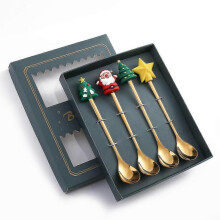 (4PCS-Gold-B1) 6/4/2pcs Christmas Gift Glod Spoon Fork Set Elk Christmas Tree Decoration Dessert Scoop Fruit Fork Coffee Spoon Cutlery Set