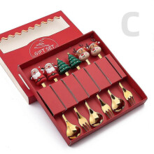 (6PCS-Gold-C2) 6/4/2pcs Christmas Gift Glod Spoon Fork Set Elk Christmas Tree Decoration Dessert Scoop Fruit Fork Coffee Spoon Cutlery Set