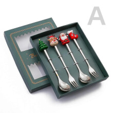 (4PCS-Silver-B3) 6/4/2pcs Christmas Gift Glod Spoon Fork Set Elk Christmas Tree Decoration Dessert Scoop Fruit Fork Coffee Spoon Cutlery Set
