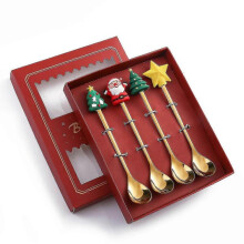 (4PCS-Gold-A1) 6/4/2pcs Christmas Gift Glod Spoon Fork Set Elk Christmas Tree Decoration Dessert Scoop Fruit Fork Coffee Spoon Cutlery Set