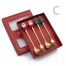 (4PCS-Gold-A4) 6/4/2pcs Christmas Gift Glod Spoon Fork Set Elk Christmas Tree Decoration Dessert Scoop Fruit Fork Coffee Spoon Cutlery Set