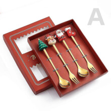 (4PCS-Gold-A3) 6/4/2pcs Christmas Gift Glod Spoon Fork Set Elk Christmas Tree Decoration Dessert Scoop Fruit Fork Coffee Spoon Cutlery Set