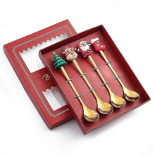 (4PCS-Gold-A2) 6/4/2pcs Christmas Gift Glod Spoon Fork Set Elk Christmas Tree Decoration Dessert Scoop Fruit Fork Coffee Spoon Cutlery Set