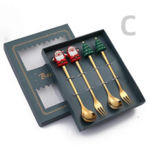 (4PCS-Gold-B4) 6/4/2pcs Christmas Gift Glod Spoon Fork Set Elk Christmas Tree Decoration Dessert Scoop Fruit Fork Coffee Spoon Cutlery Set