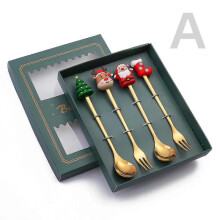 (4PCS-Gold-B3) 6/4/2pcs Christmas Gift Glod Spoon Fork Set Elk Christmas Tree Decoration Dessert Scoop Fruit Fork Coffee Spoon Cutlery Set