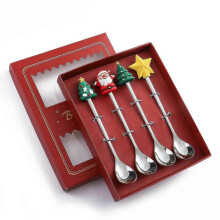 (4PCS-Silver-A1) 6/4/2pcs Christmas Gift Glod Spoon Fork Set Elk Christmas Tree Decoration Dessert Scoop Fruit Fork Coffee Spoon Cutlery Set