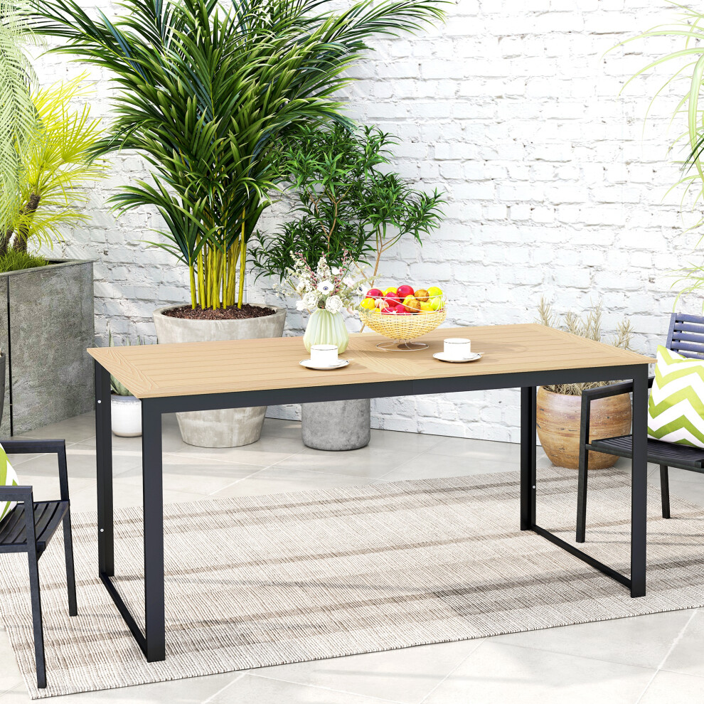 Outsunny Garden Table For 6 People With Slatted Table Top, Metal Frame, Teak