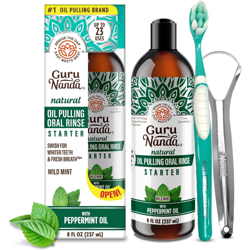 GuruNanda Oil Pulling (8 Fl.Oz) with Coconut & Peppermint Oil with Tongue Scraper Inside the Box Mouthwash| Help With Fresh Breath