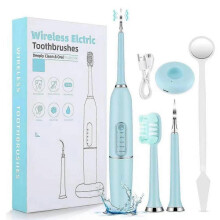 (Light Blue Toothbrush) Electric Tooth Cleaner Set Dental Calculus Scaler Stain Remover Teeth Cleaning Kit 5 Modes Rechargeable(EPA13)